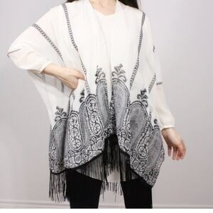 Black & White Kimono Free Size with Fringe Swimsuit cover-up